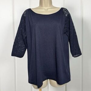 Women's Gap Navy Blue 3/4 Lace Sleeve Boat Neck Top, Size Medium, Casual Style